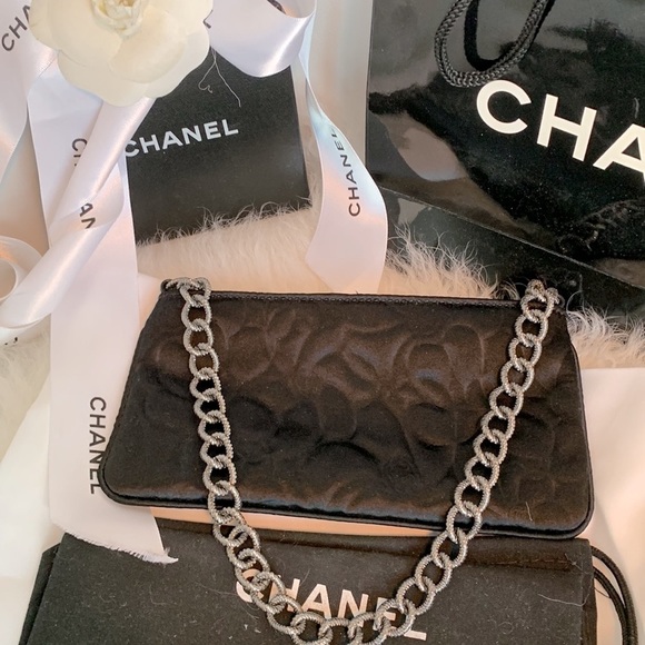 CHANEL 🖤 Vintage Silk Satin Camellia Flower Silver Chain Top Handle Mini Bag - Picture 3 of 14